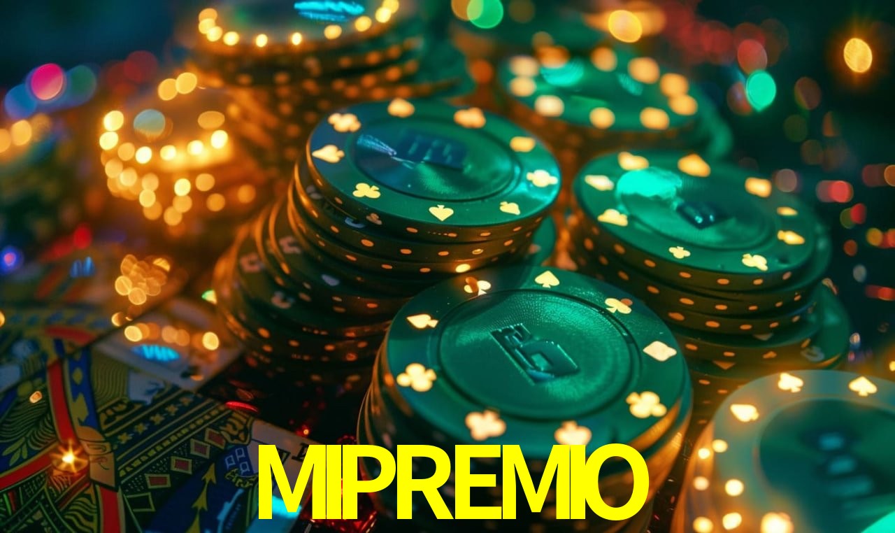 Escena dinámica inspirada en casino con iluminación MIPREMIO, cartas, fichas e íconos de juegos digitales en un espacio moderno de juegos.