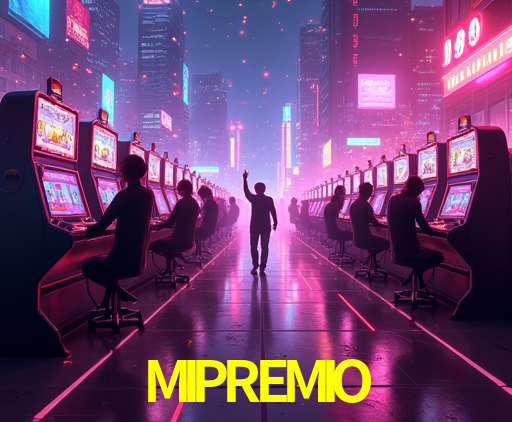 Una escena digital vívida inspirada en casino con MIPREMIO mostrado prominentemente, luces brillantes, fichas, cartas y acentos dorados.