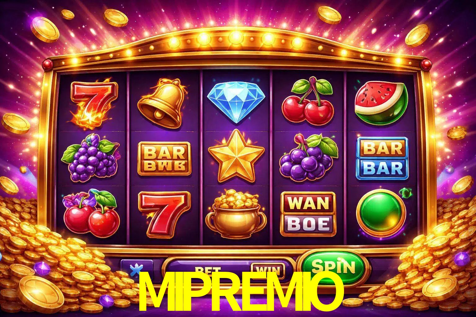 Una interfaz colorida de tragamonedas en línea con símbolos brillantes, monedas y un efecto de victoria celebratoria en MIPREMIO.